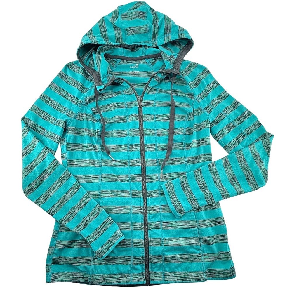 Lukka‎ Womens Hoodie large Teal Stripe Full Zip Athletic Jacket Activewear